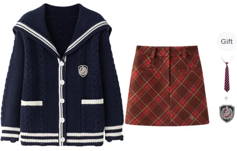 Tokyo Season Skirt Set Fall Winter Women's Gift Box Set Navy Blue+Red-0