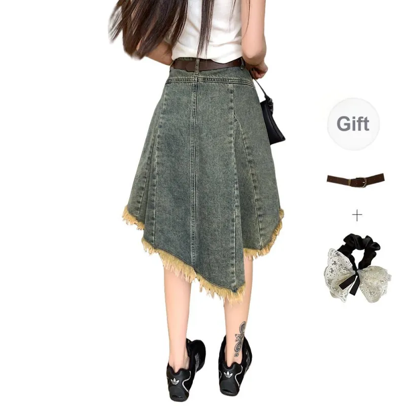 / Denim Long Skirts Women's Distressed Color+Belt+Hair Tie Comes With-1