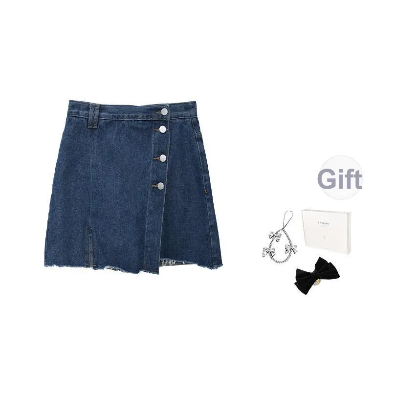 Fstudio Корейский Ретро Высокая Талия А-Линия Разрез Тонкая Юбка из Денима Женская