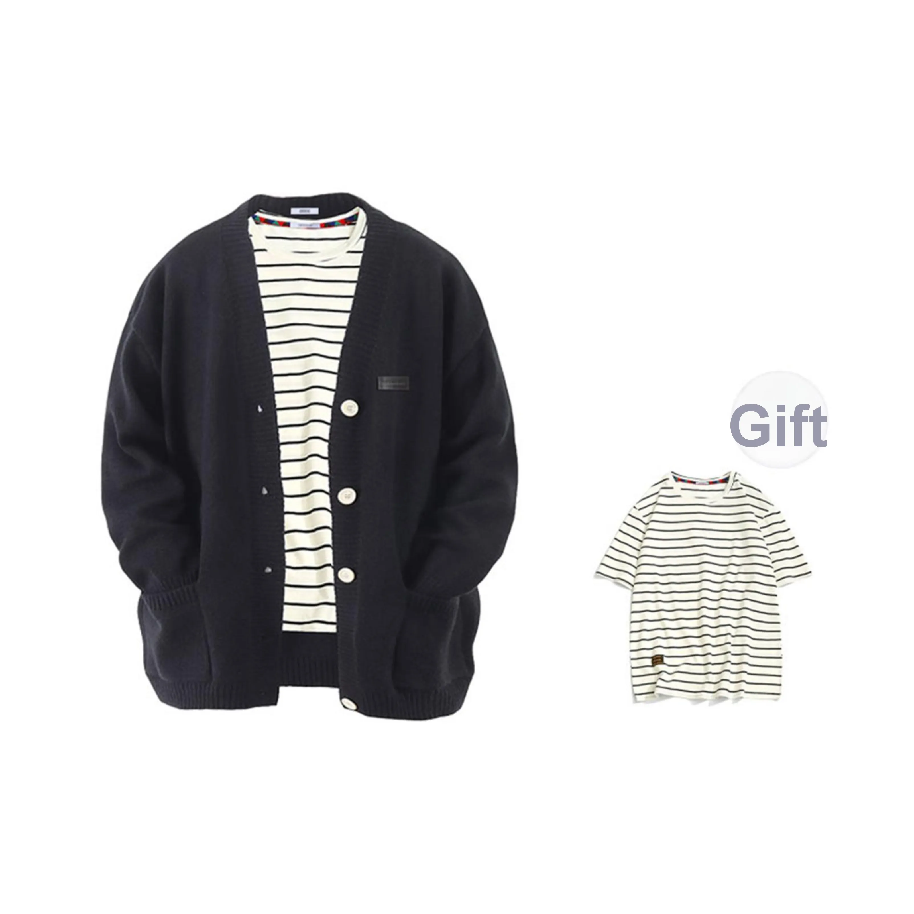 OGEK Knitwear Unisex Black Comes With White Stripes Short Sleeved Shirt+Brooch