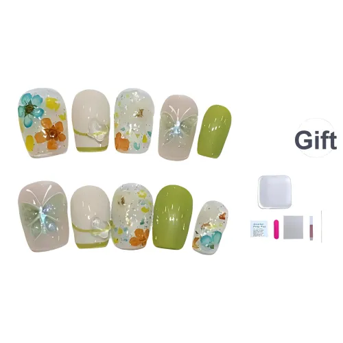 A Few More Cute The Wizard Of Oz Butterfly Floral False Nail Short LADDER Green Nude Gradient