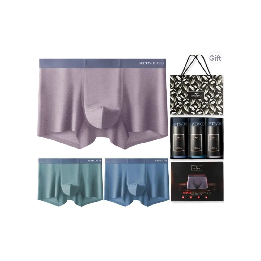 SEPTWOLVES Underwear Gift Box Men's 3 Pack Gift Box Set+Shopping Bag