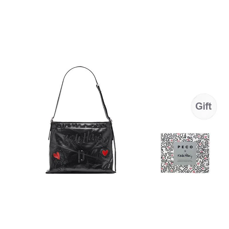 PECO 952Keith Haring Artist Collaboration Cow Leather Shoulder Bag Tote Regular Large Size Unisex Black/White-2