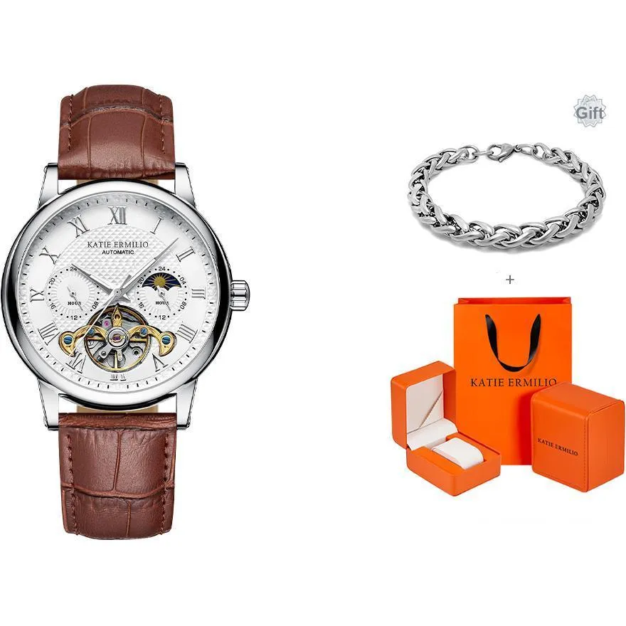 Katie Ermilio Wrist Watch Automatic Mechanical Movement Genuine Leather Strap White Dial Men's Watches