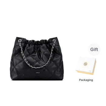 FERIA Cow Leather Diamond Pattern Pocket Shoulder Bag Medium Size Women's Black/Greige