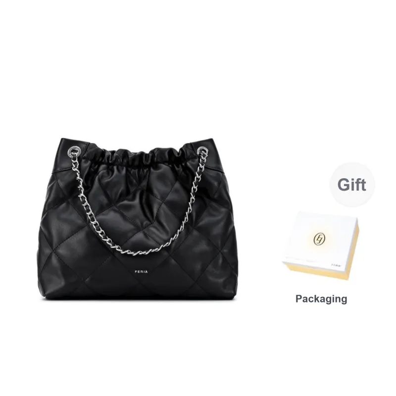 FERIA Cow Leather Diamond Pattern Pocket Shoulder Bag Medium Size Women's Black/Greige-0