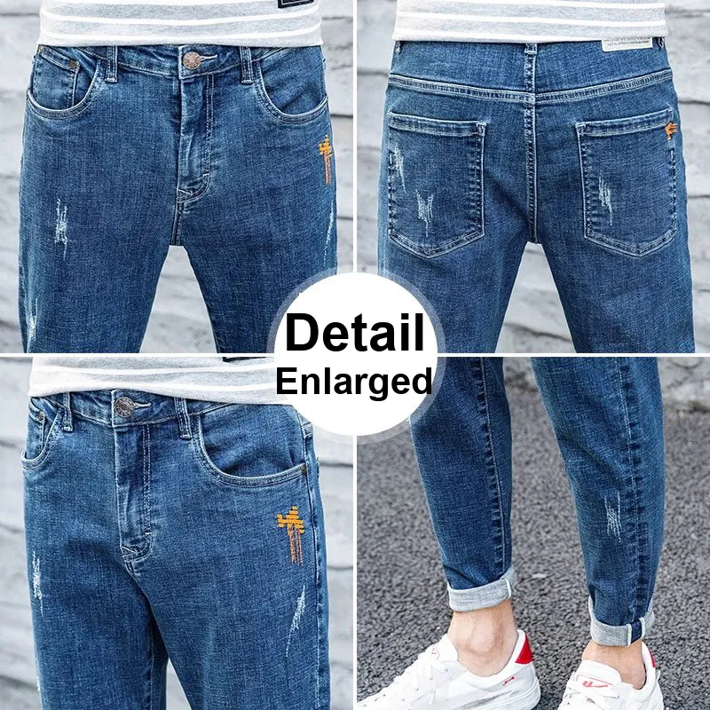 YUQIAN Jeans Men Blue Ankle Length Pants-5