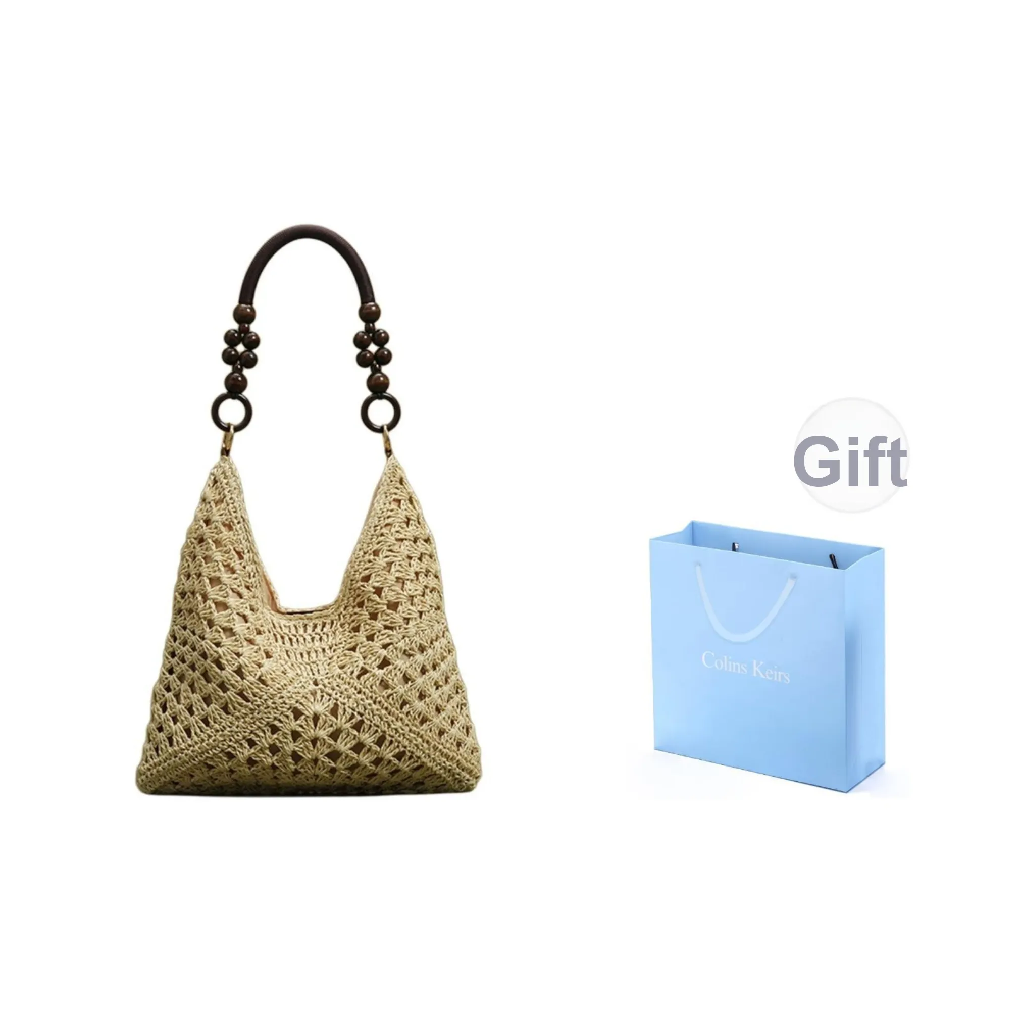 COLINS KEIRS Соломенная плетеная пляжная сумка Большая вместимость Универсальная Сумка для поездок Переносная Сумка через плечо Стандартная Женская Экрю