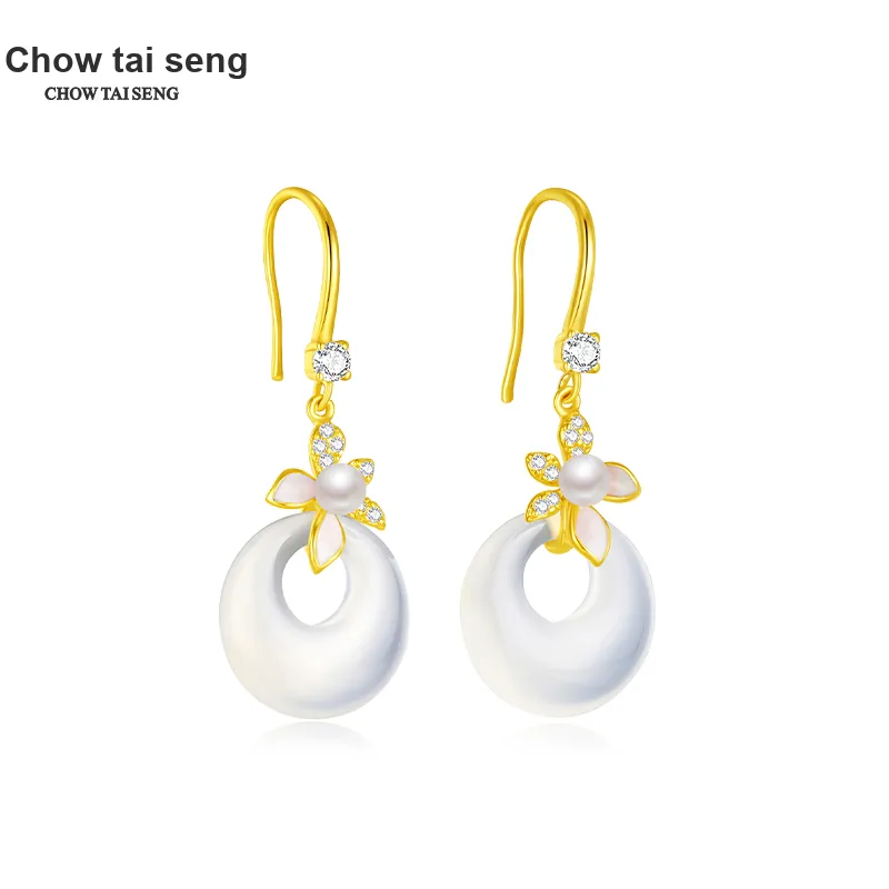 CHOW TAI SENG Chalcedony White Chinese Style Floral Hoop Earrings Women's-3