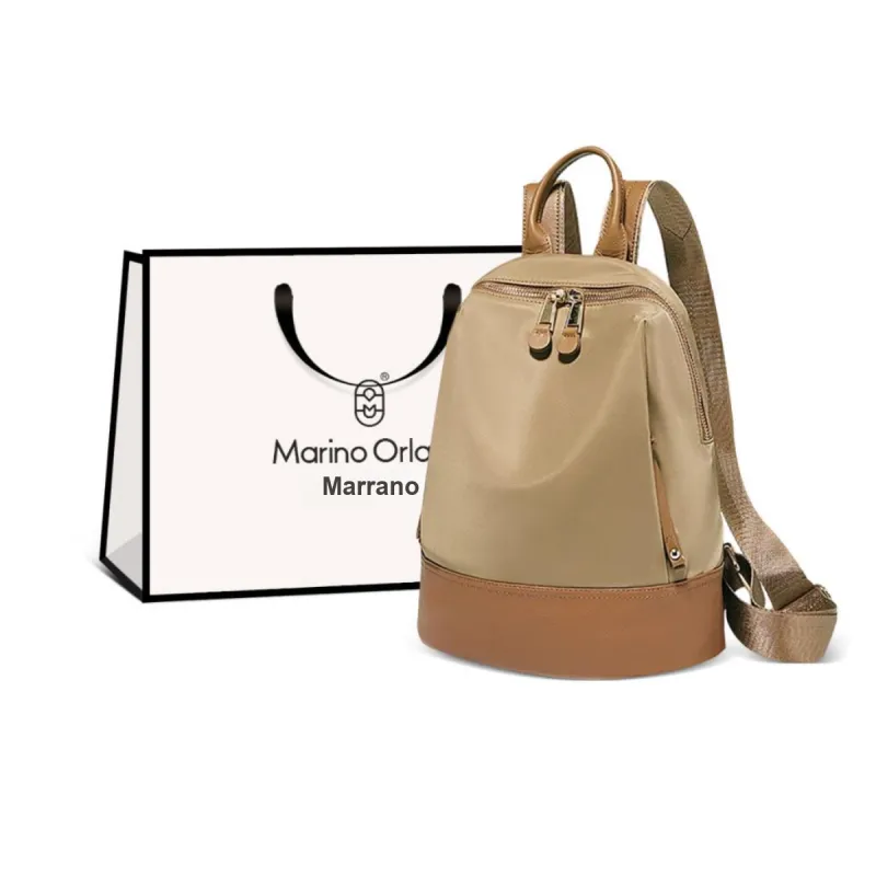 Marino Orlandi Fabric With Leather Patchwork Nylon Fabric Backpack Medium Size Women's Black/Khaki/Apricot-7