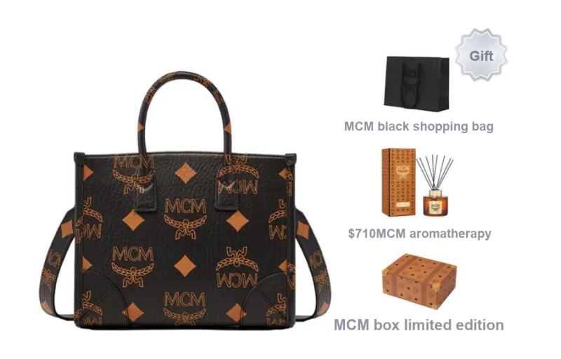 MCM VisetosMünchen Coated Canvas With Nappa Leather Tote Bag Crossbody Bag Handbag Small Size Unisex Black-5