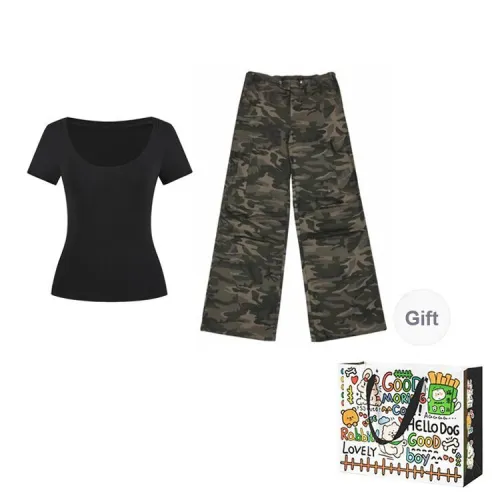 OURUOKE Casual Suits Women's Black Top+Camouflage pants Place Shopping Bag