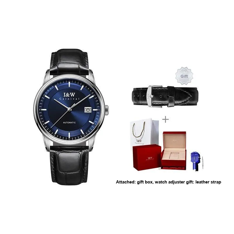 I&W CARNIVAL HWGUOJI Automatic Mechanical Movement Genuine Leather Strap Watch Men's Watches Black Dial