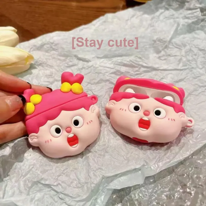 Beams Compatibility Airpods4/3/Pro/Pro2 Silicone Cartoon Cute Girly Pink Hair Girl Headphone Cases-1