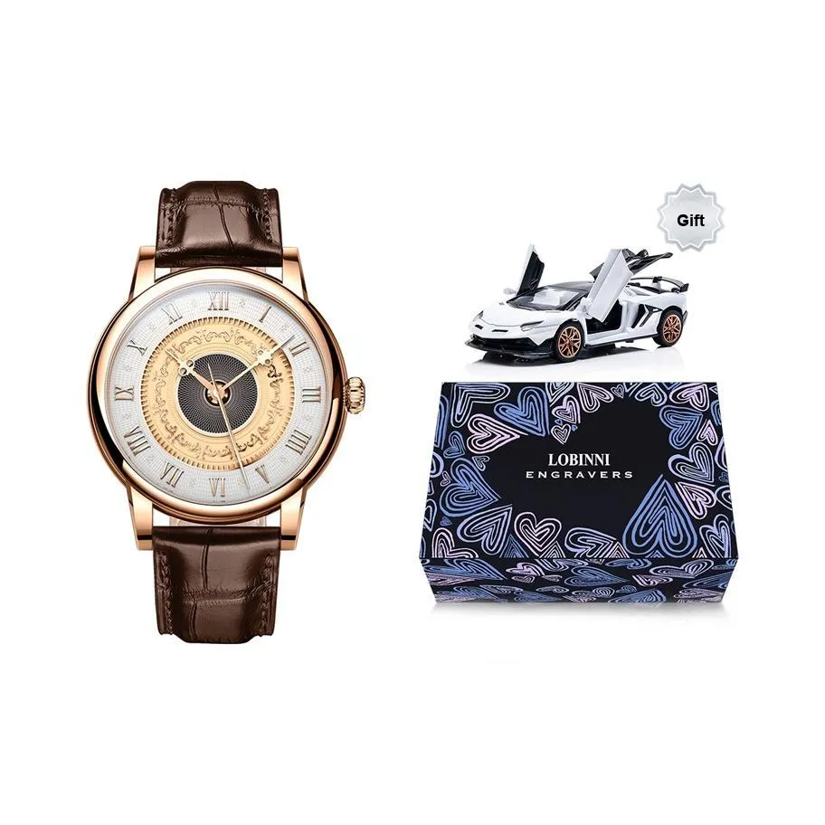 LOBINNI L Автоматический Механический Механизм Естественная Кожа Ремешок Часы Мужские Черный Циферблат