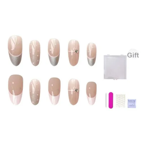 ORANOT Минималистский стиль Французский Полка Дот Стразы Украшенный Нюд Повседневный False Nail Средний LADDER Миндаль 24мм