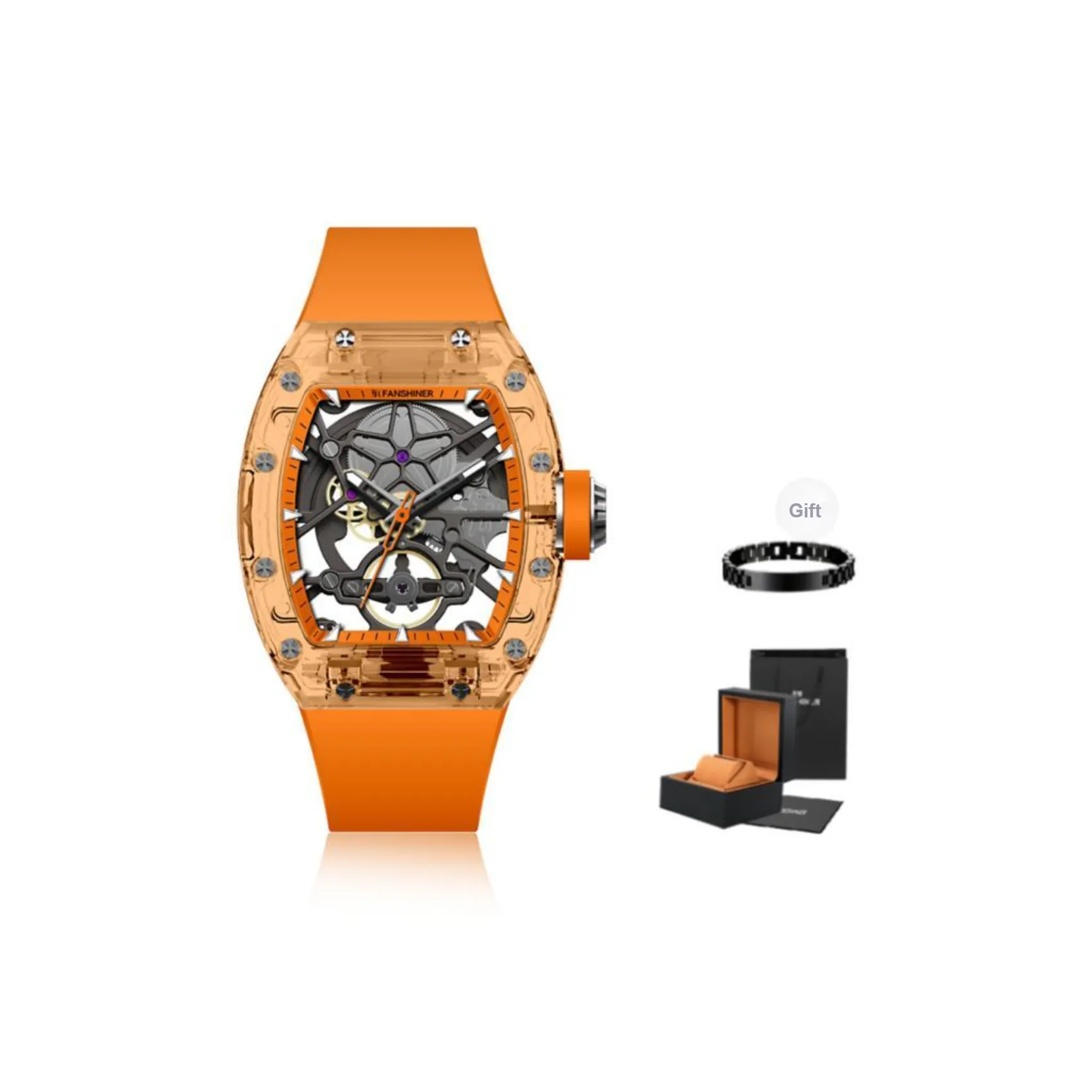 FR Automatic Mechanical Movement Eco Friendly Fluoroelastomer Strap Unisex Orange Watch Dial