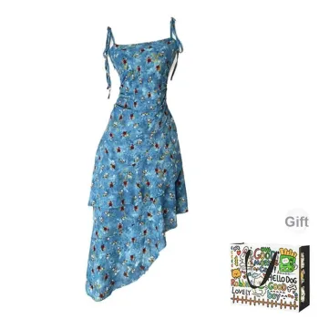OURUOKE Slip Dresses Women's Blue Shopping Bag Included