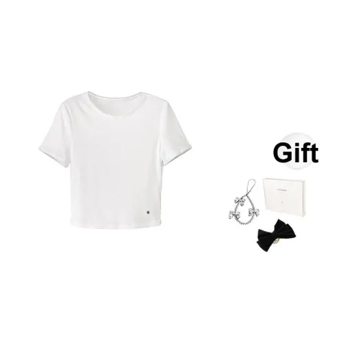 Fstudio Корейский стиль Маленький Однотонный Круглый вырез Короткий рукав Топ Укороченный T-рубашка Женская