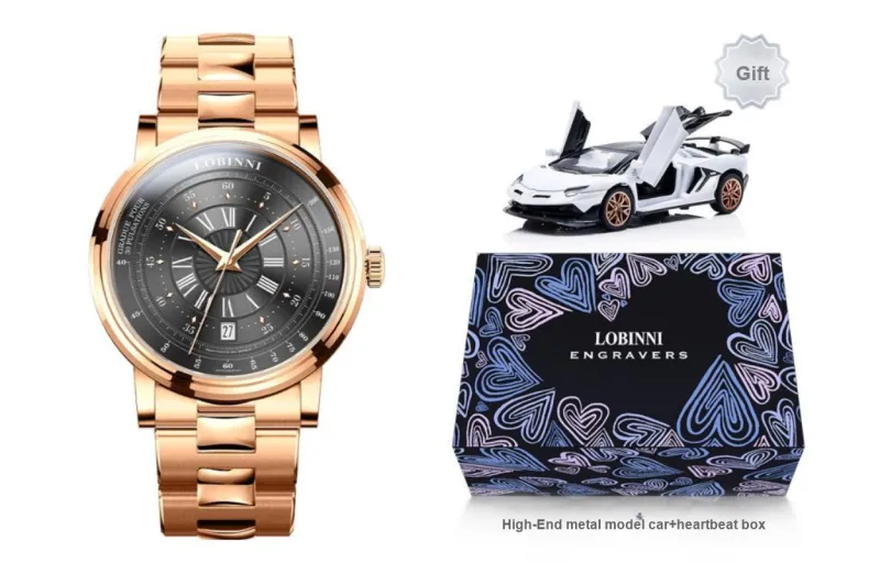 LOBINNI L Automatic Mechanical Movement Cowhide Strap Watch Men's Watches Black Dial-14