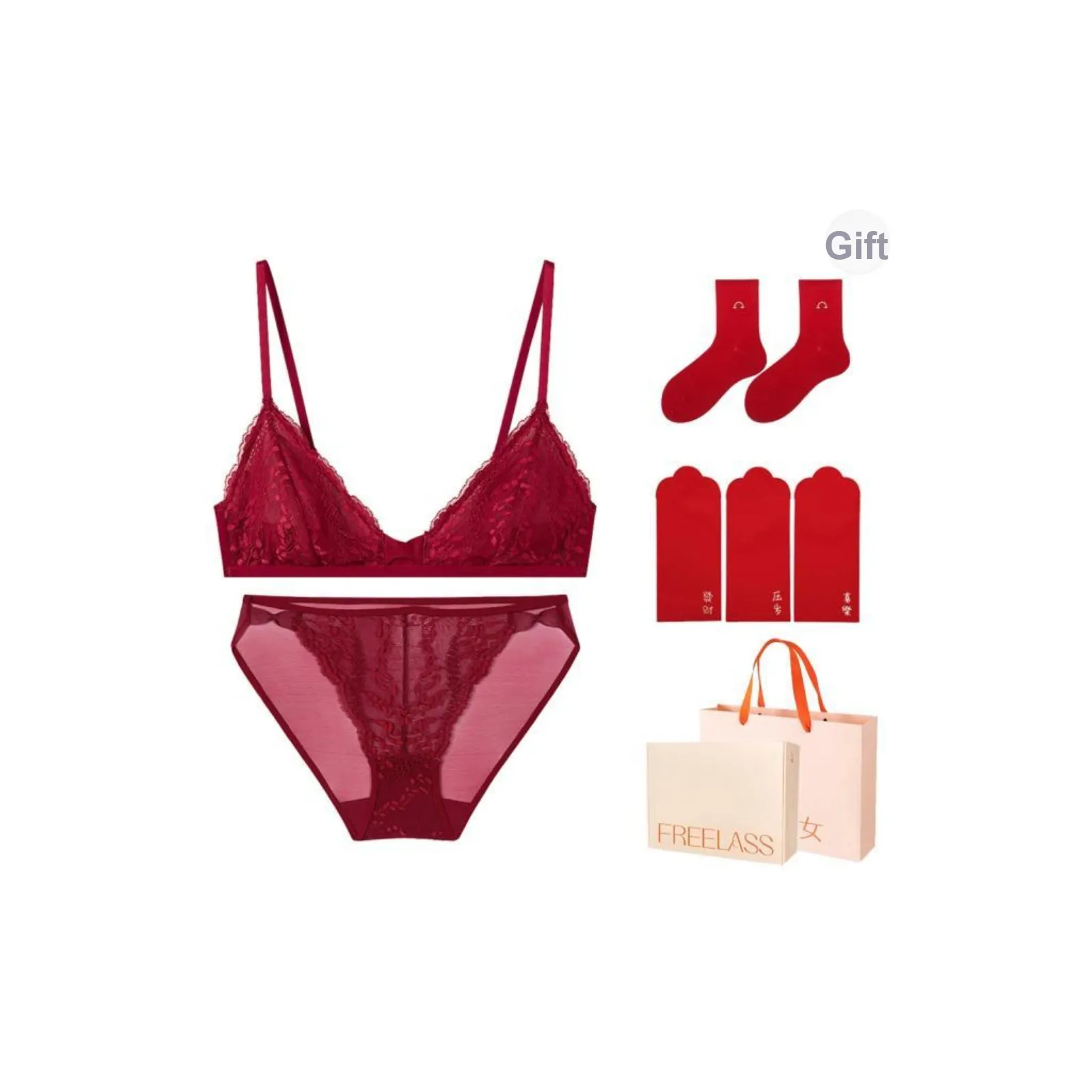 FREELASS Year Of The Dragon Series Underwear Set Gift Box Set Women's Winter Day Cotton Socks Set Of 3 Red