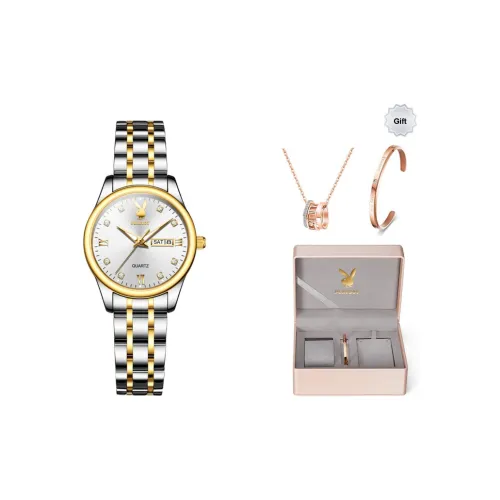 Playboy Double Calendar Коробка Кварцевый механизм Нержавеющий стальной ремешок Часы Женские часы Белый циферблат