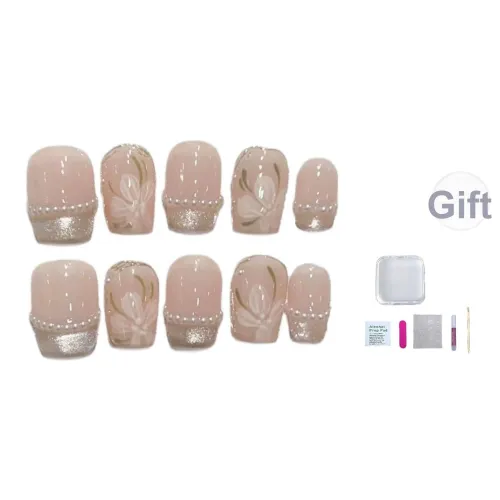 A Few More Cute Жемчужный Ручной Рисунок Камелия False Nail Короткий Лестница Прозрачный Телесный Французский Кошачий глаз