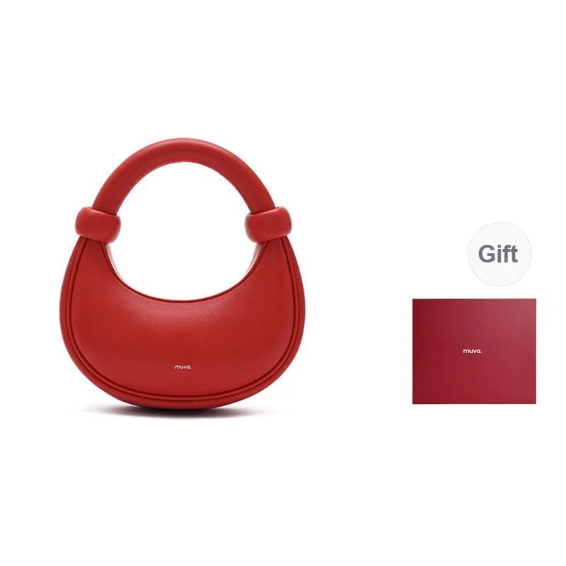 MUVA Cow Leather Crescent Bag Crossbody Handbag Small Size Women's Milkshake White/Party Red/Burnt Tea Brown