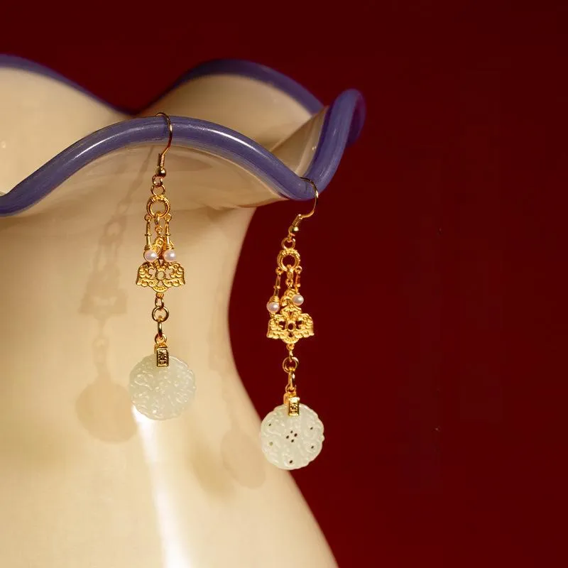 Long Fu Earrings White Jade/Pale Greenish White Jade Women's-1