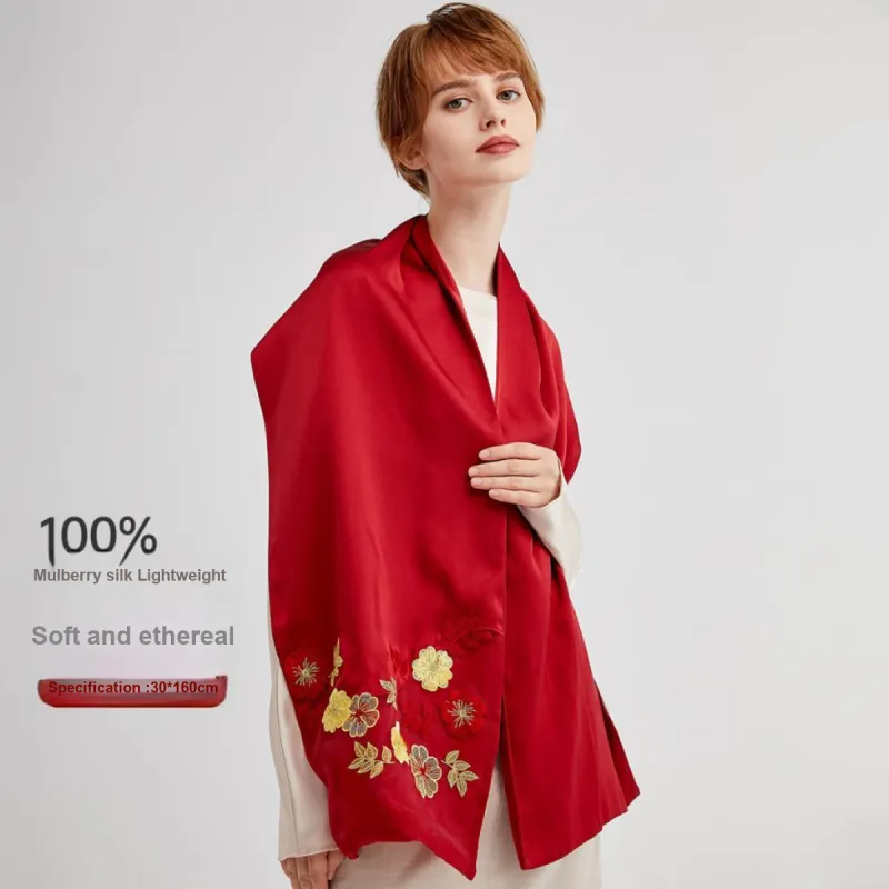Red Bean 100% Mulberry Silk Scarves Women's-10