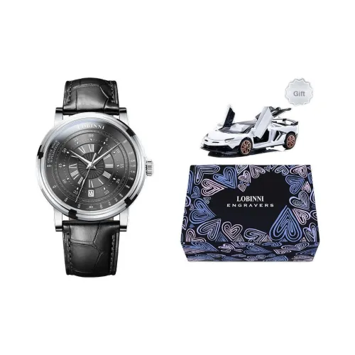 LOBINNI L Автоматический Механический Механизм Кожаный Ремешок Часы Мужские Черный Циферблат