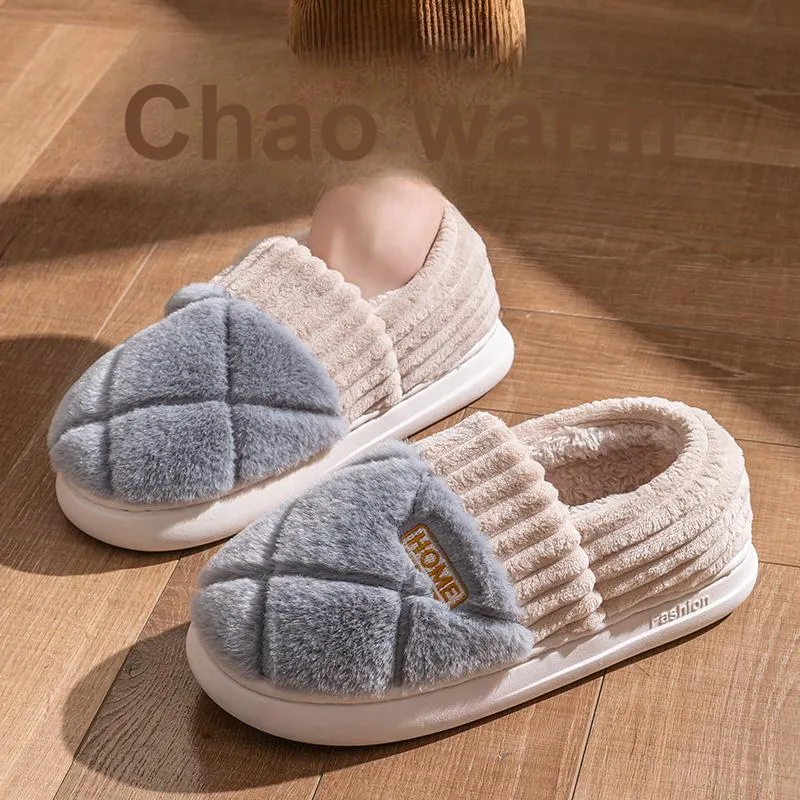 Foot Recreation Winter Solid Color Heel Covered Short Plush Platform Minimalist Style Cotton Slippers Unisex-16