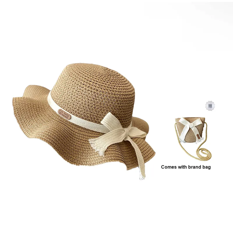 AAJF Paper Made From Straw Sun Protection Straw Hat Bag Set For Girls Princess Beach Girl Sun Bucket Hat Kids'-6
