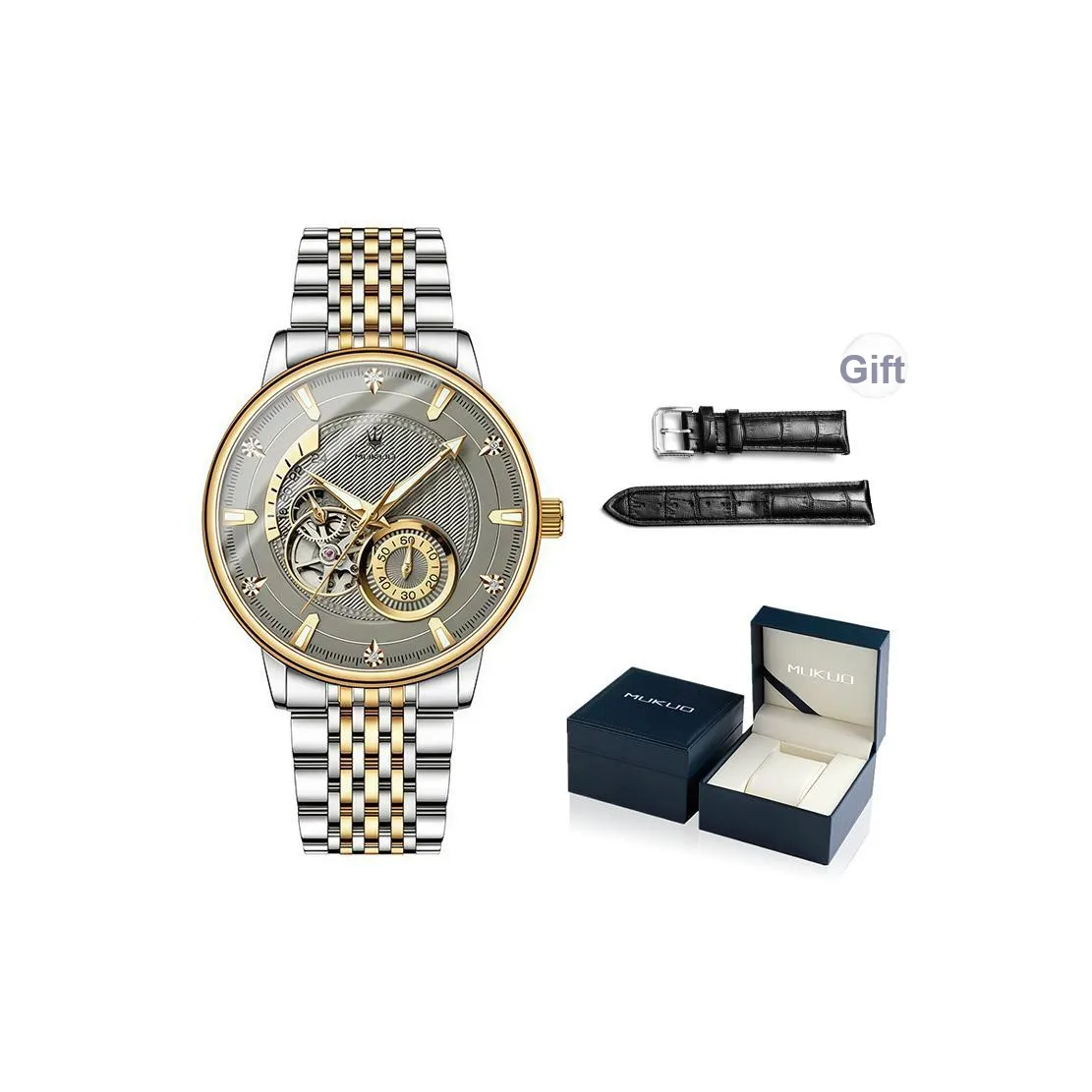 MUKUO Cut Out Pilot Collection Автоматический Механический Механизм Стальной Ремешок Часы Мужские Часы Серый Циферблат