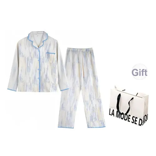 MEIJIAO Синий Edge Синий узор Одежда Sets [Письмо Сумка для покупок] Женские Пижамные комплекты