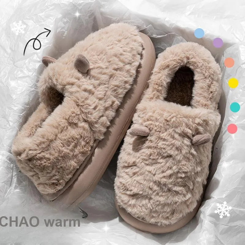 Foot Recreation 3D Effect Small Ears Solid Color Fleece Slippers Winter Home Indoor Warm Cotton Home Slippers Unisex-25