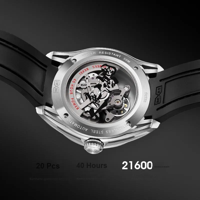 BEXEI Prosperous Journey Collection Automatic Mechanical Movement Rubber Strap Chinese Watches Men's Watches Black Dial-5