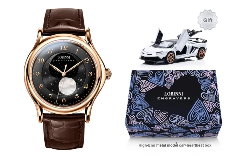 LOBINNI L Mechanical Movement Genuine Leather Strap Watch Men's Watches Black Dial-7