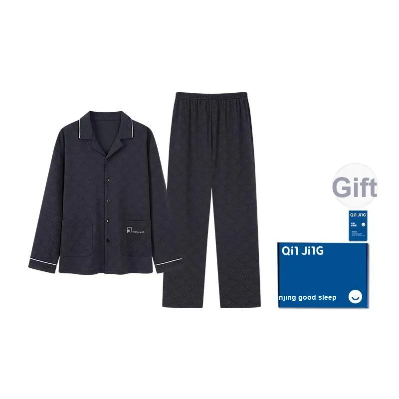 Qin Jing Pajama Set Men's Gift Box Set Dark Blue Gray-1