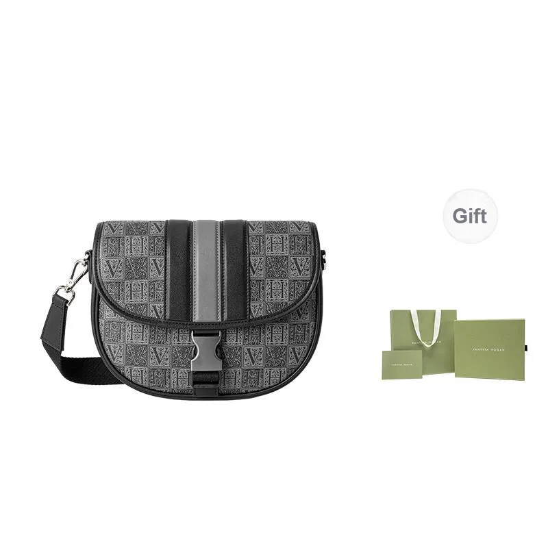 VANESSA HOGAN Monogram Leather Saddle Bag, Shoulder Bag Medium Size Unisex Black-4
