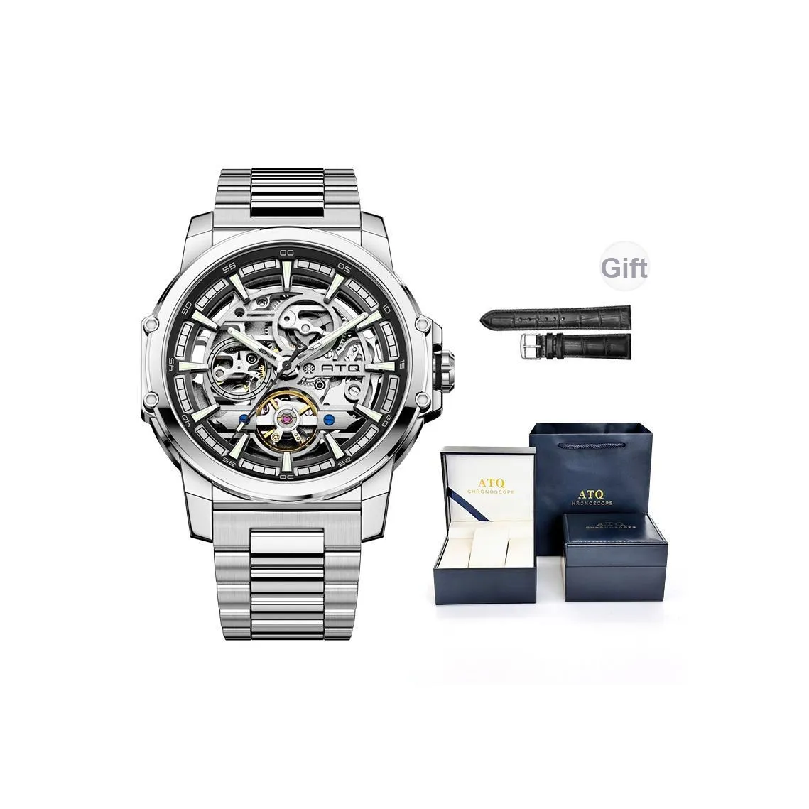 ATQ Автоматический механический механизм Стальной ремешок Часы Мужские Часы Черепный циферблат