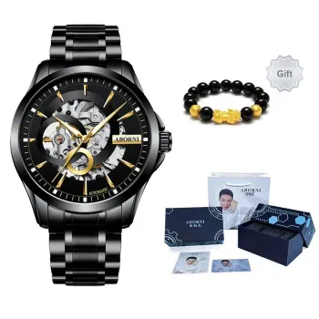 ABORNI Cool Collection Automatic Mechanical Movement Leather Strap Watch Men's Watches Cut Out Dial