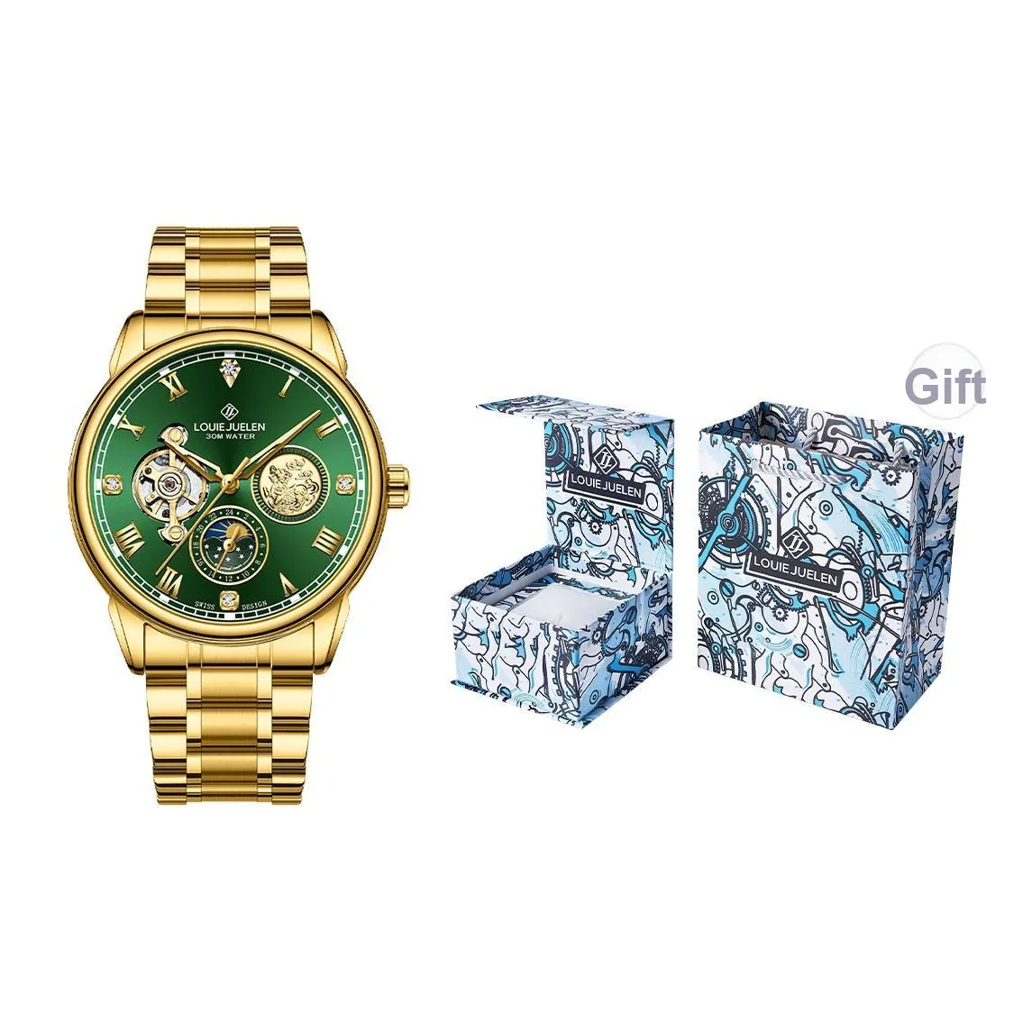 LOUIE JUELEN Golden Kirin Collection Механический механизм ремешок из нержавеющей стали мужские часы зеленый циферблат