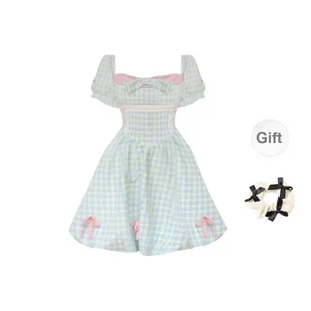 TORIGHT Short Sleeved Dress Women's Blue Plaid+Bowknot Hair Tie Comes With