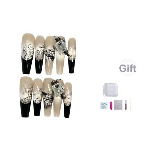 JIDUOMENG [Таинственный Veil] False Nail Pure Ручная работа Черный Французский Стекло Кошка's Eye Nail Art Кружево