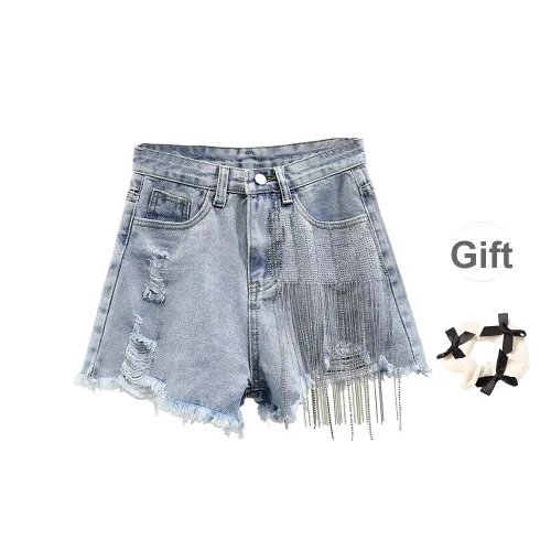 TURN UP Denim Shorts Women's Blue+Bowknot Hair Tie Comes With