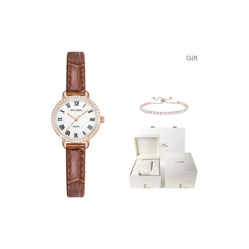 GOLGEN Little Swan Collection Кварцевый механизм Естественная кожа Ремешок Часы Женские Белый циферблат