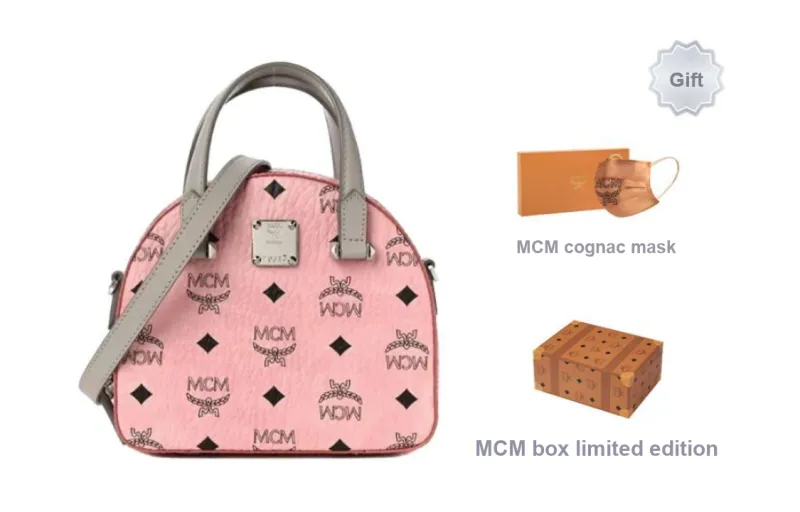 MCM Diamond Logo Visetos Mini Round Top Tote Bag Soft Pink-3