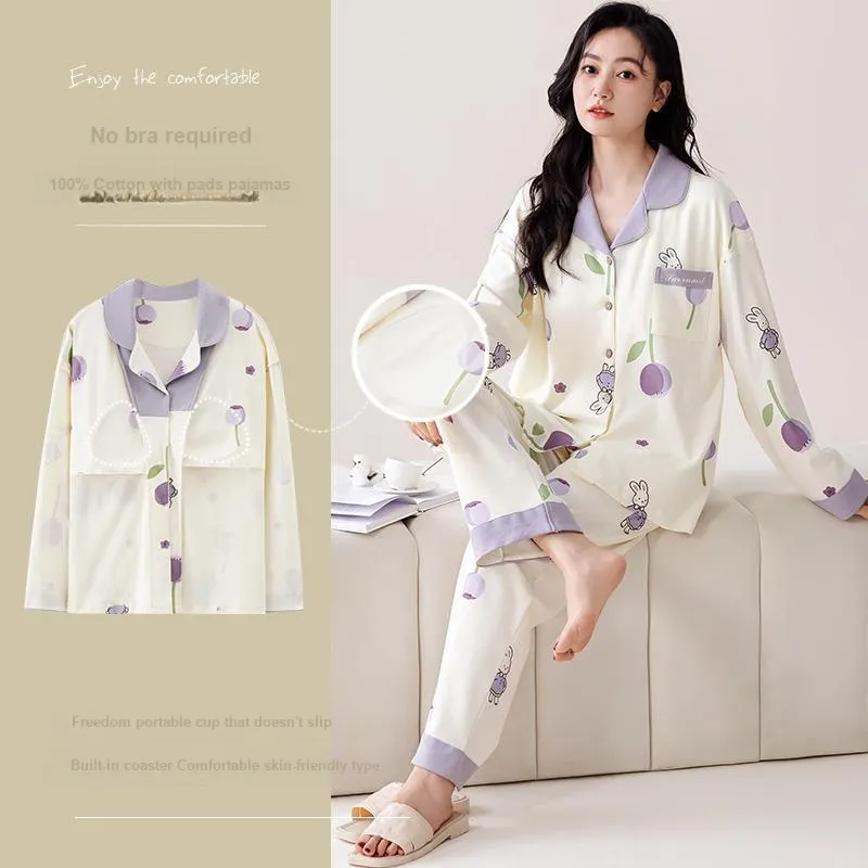Pretty Lady Pajama Set Women's Beige White Purple Bunny-3