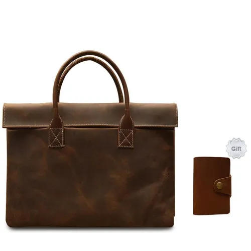 Simple&nature Cow Leather Handbag Laptop Bag Briefcase Large Size Men's Dark Brown